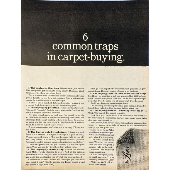 Lees Carpets "6 Common Traps in Carpet-buying" Vintage  Print Ad 1963 - Picture 1 of 3